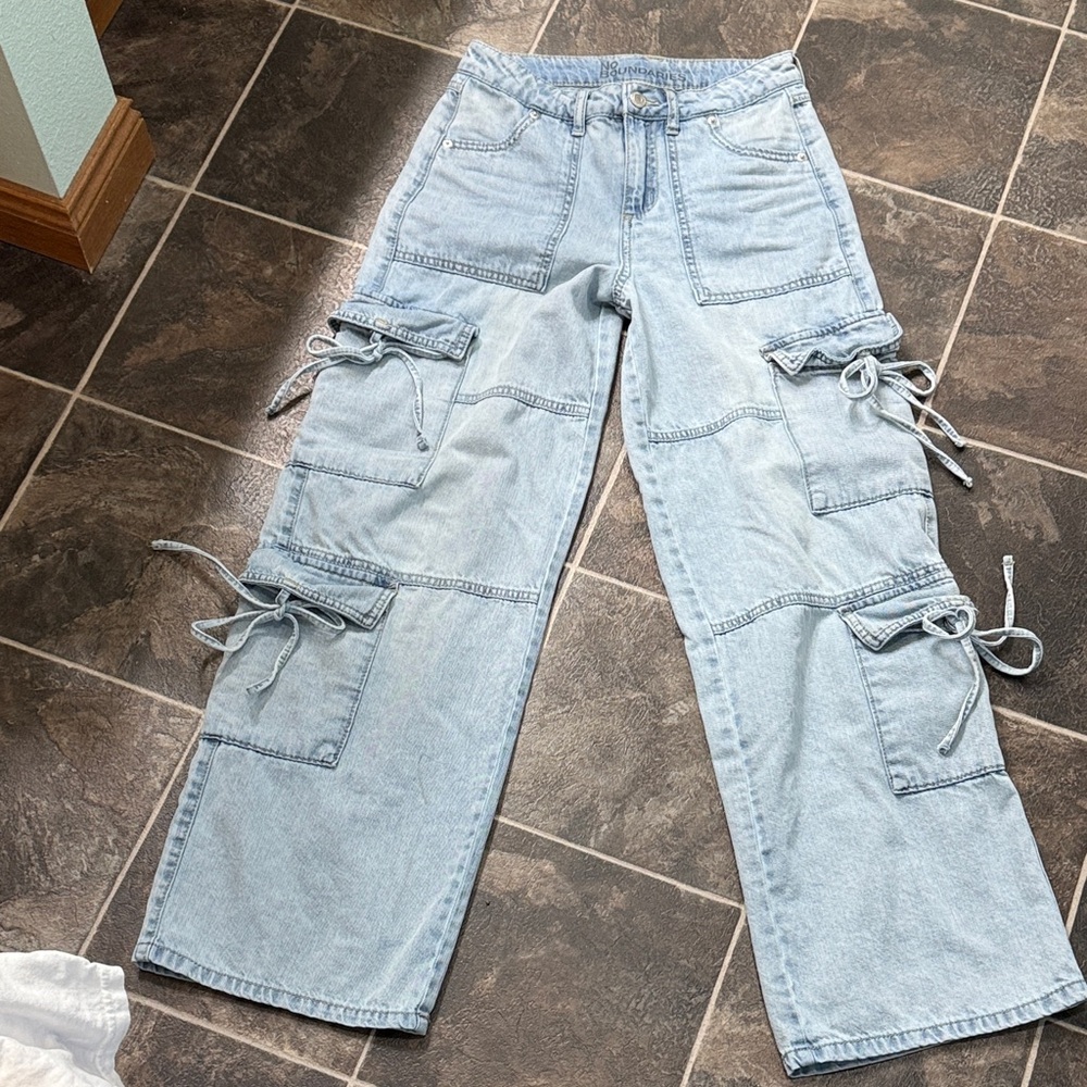 No Boundaries Denim Blue Women's Wide Leg Cargo Jeans